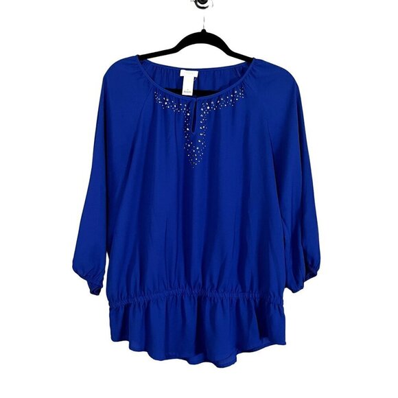Chicos Top Women M Blue Pullover Mature Studs Peplum Neutral Coastal Classic - Picture 1 of 10